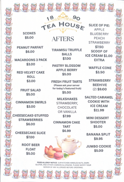 Current Afters dessert menu and prices