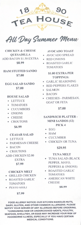 Current All Day Summer Menu and prices