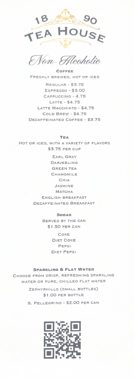 Current Non-Alcoholic coffee, tea, soda, and water menu
